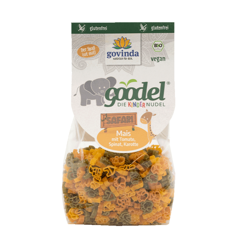 Pâtes amusantes SAFARI (maïs, tomate, carotte, épinards) BIO vegan sans gluten, sans lait, sans oeufs, sans coque, sans arachide Govinda : 250g