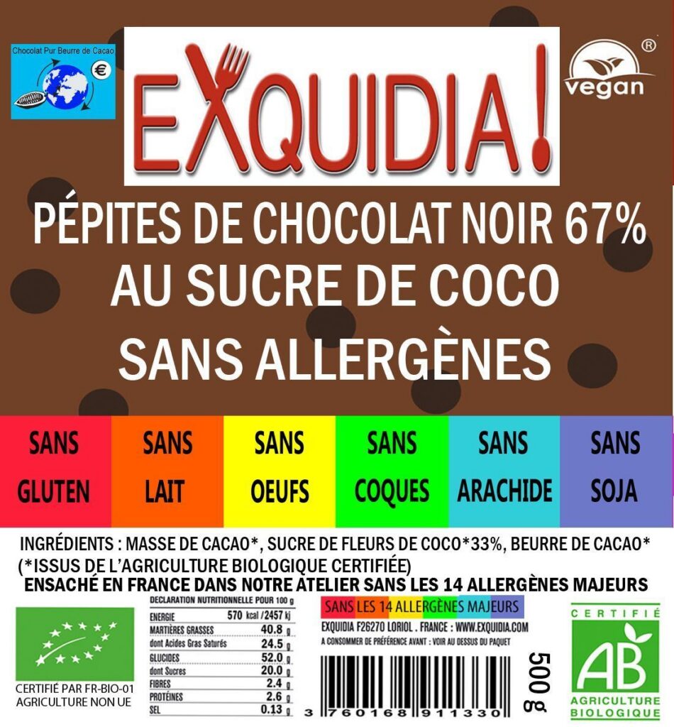 PÉPITES de chocolat NOIR 67% au sucre de fleur de coco BIO vegan sans allergènes Exquidia : 500g