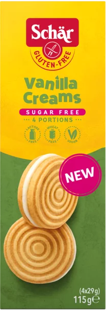 Biscuits fourrés à la crème vanille vegan sans sucre sans allergènes Schar : (4x29g) = 115 grammes