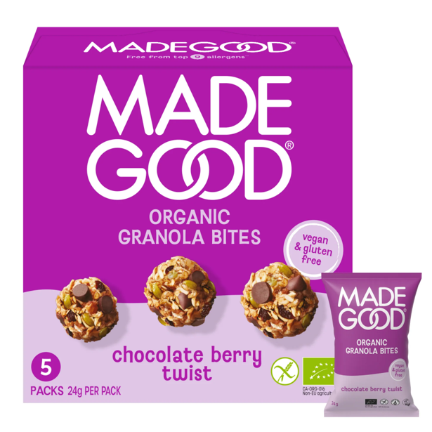 Bouchées granola pépites de chocolat et baies BIO vegan sans gluten sans lait sans oeufs sans coque sans arachide MadeGood : 120g