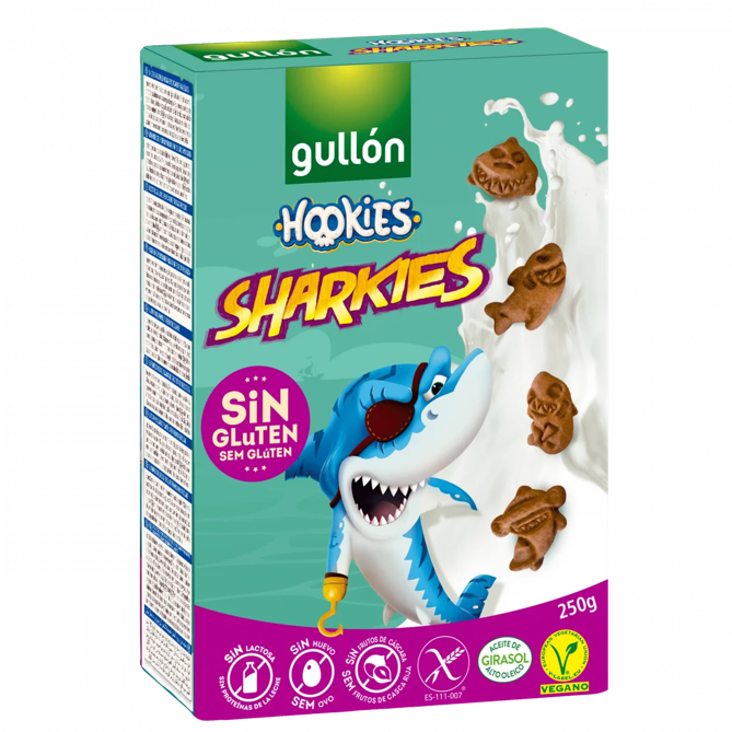 Biscuits SHARKIES en forme de requins au CACAO vegan sans gluten sans lait sans oeufs sans coque sans arachide Gullon : 250g