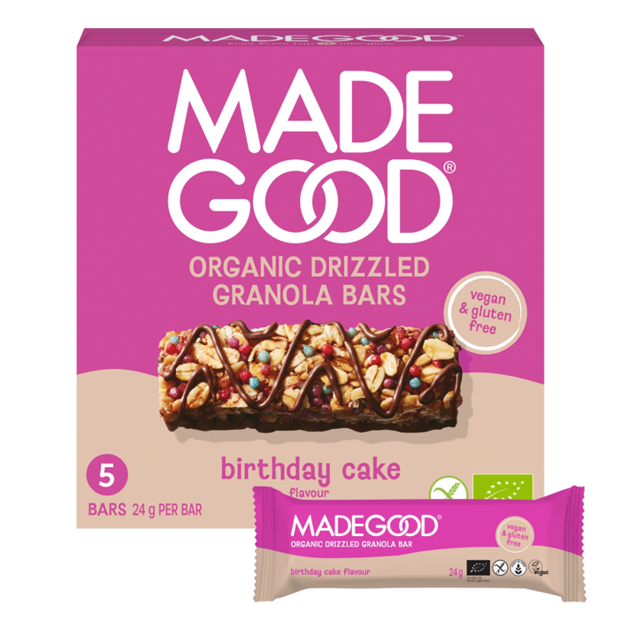 5 BARRES granola "Gâteau d'anniversaire" BIO vegan sans les 9 allergènes majeurs MadeGood : (5x24g) = 120 grammes