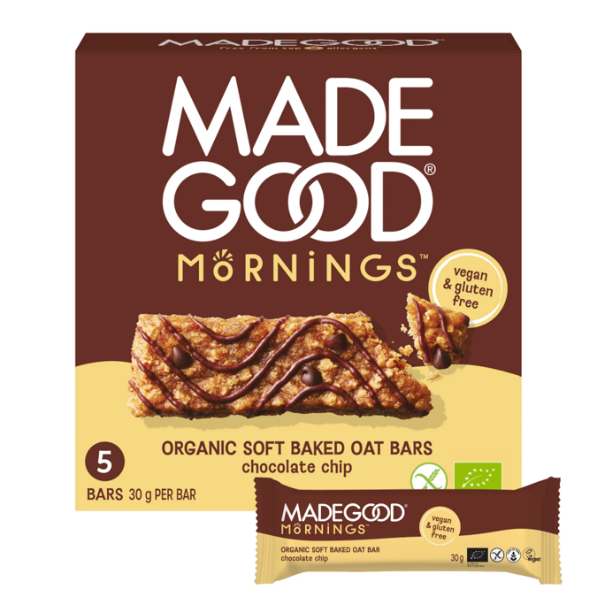 5 BARRES MORNINGS à l'avoine et aux pépites de chocolat BIO vegan sans les 9 allergènes majeurs MadeGood : (5x30g) = 150g