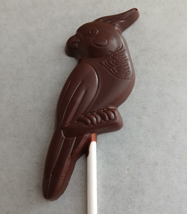 1 sucette CACATOÈS en chocolat NOIR 60% BIO vegan sans allergènes Exquidia : 17 grammes