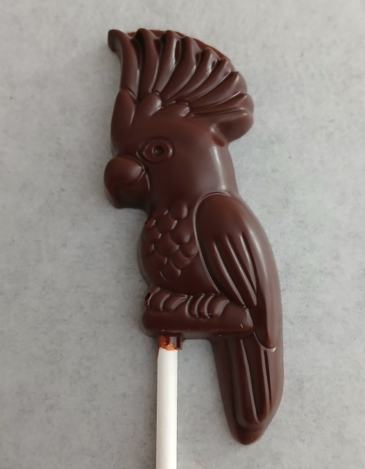 1 sucette PERROQUET à crête en chocolat NOIR 60% BIO vegan sans allergènes Exquidia : 17 grammes