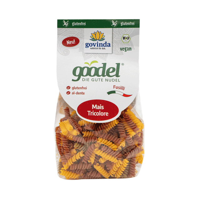 Pâtes maïs TRICOLORE BIO vegan sans gluten, sans lait, sans oeufs, sans coque, sans arachide Govinda : 250g