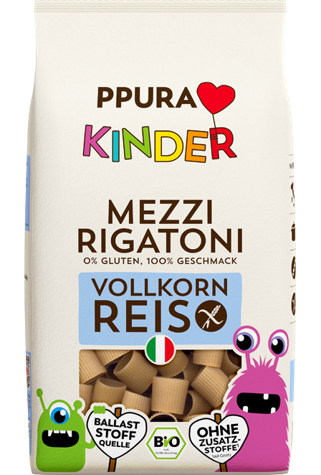Pâtes MEZZI RIGATONI de riz complet BIO vegan sans allergènes sans maïs Ppura : 400 grammes