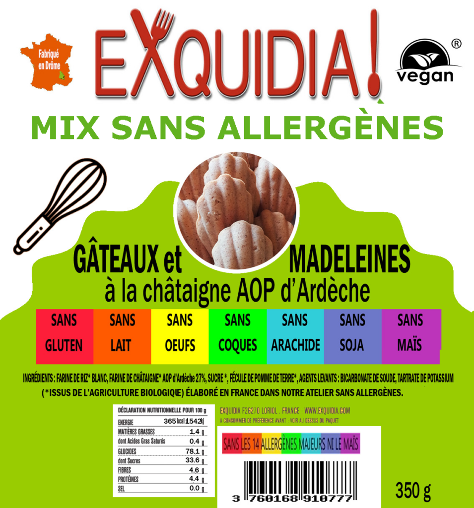 Mix GÂTEAUX et MADELEINES à la châtaigne AOP Ardèche vegan sans allergènes sans maïs Exquidia : 350 grammes