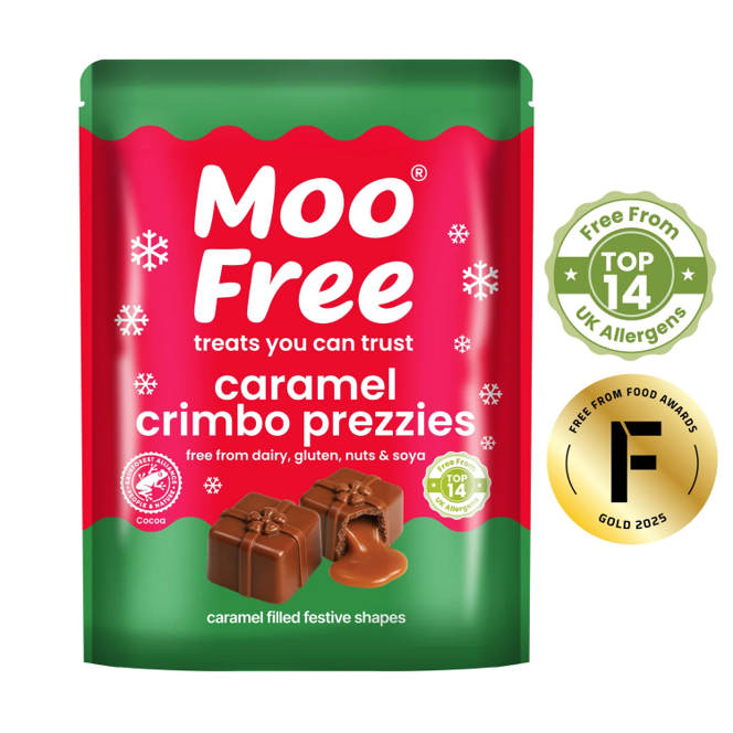 CARAMEL Crimbo Prezzies en forme de cadeaux caramélisés vegan sans allergènes Moo Free : 65 grammes