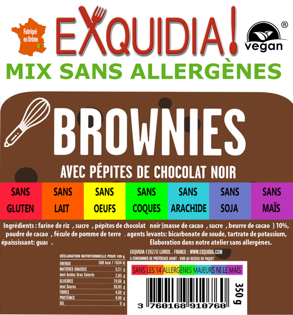 MIX BROWNIES aux pépites de chocolat NOIR vegan sans allergènes sans maïs Exquidia : 350 grammes